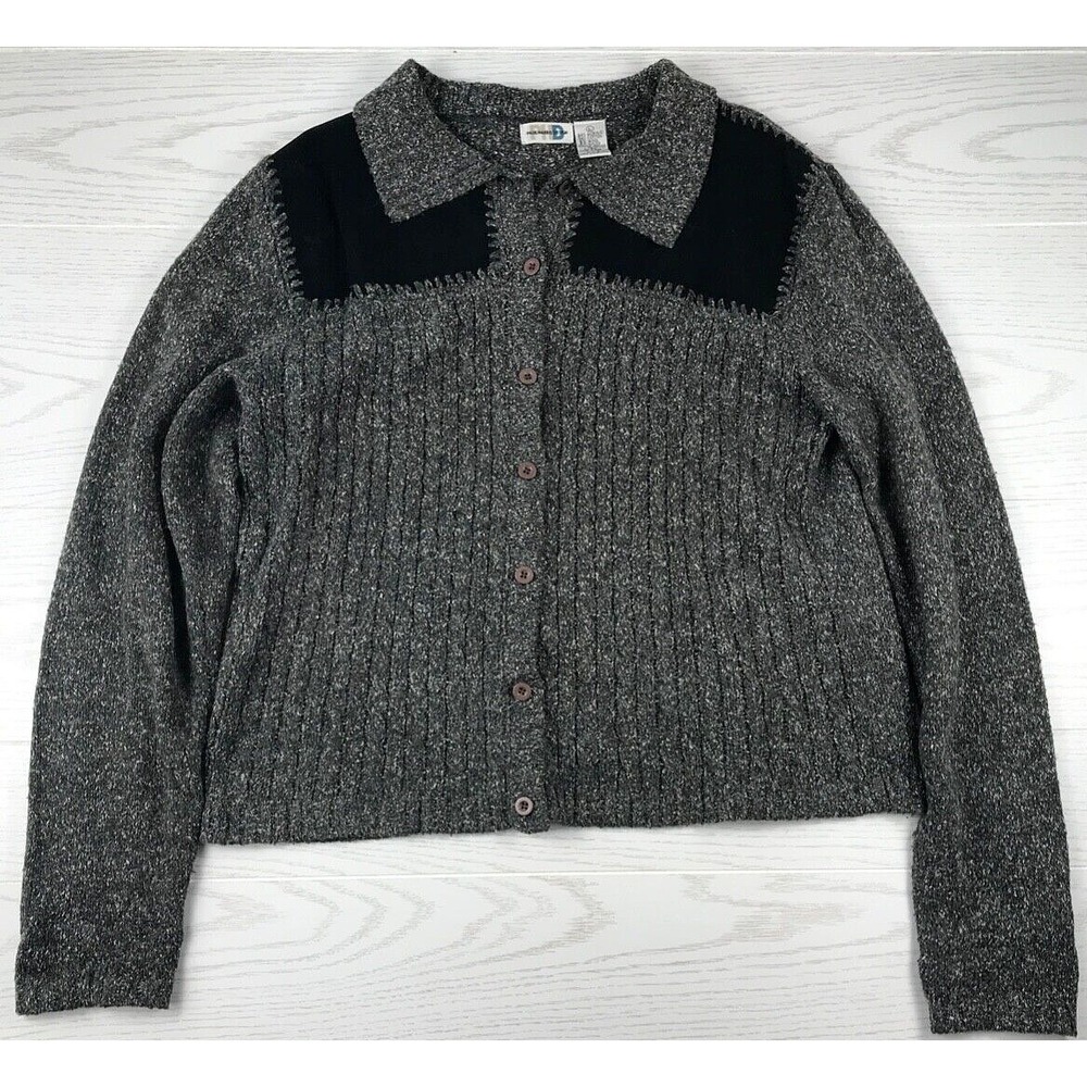 Vintage Paul Harris Design Sweater Womens L Gray Black Leather Trim Button Up - Picture 1 of 11